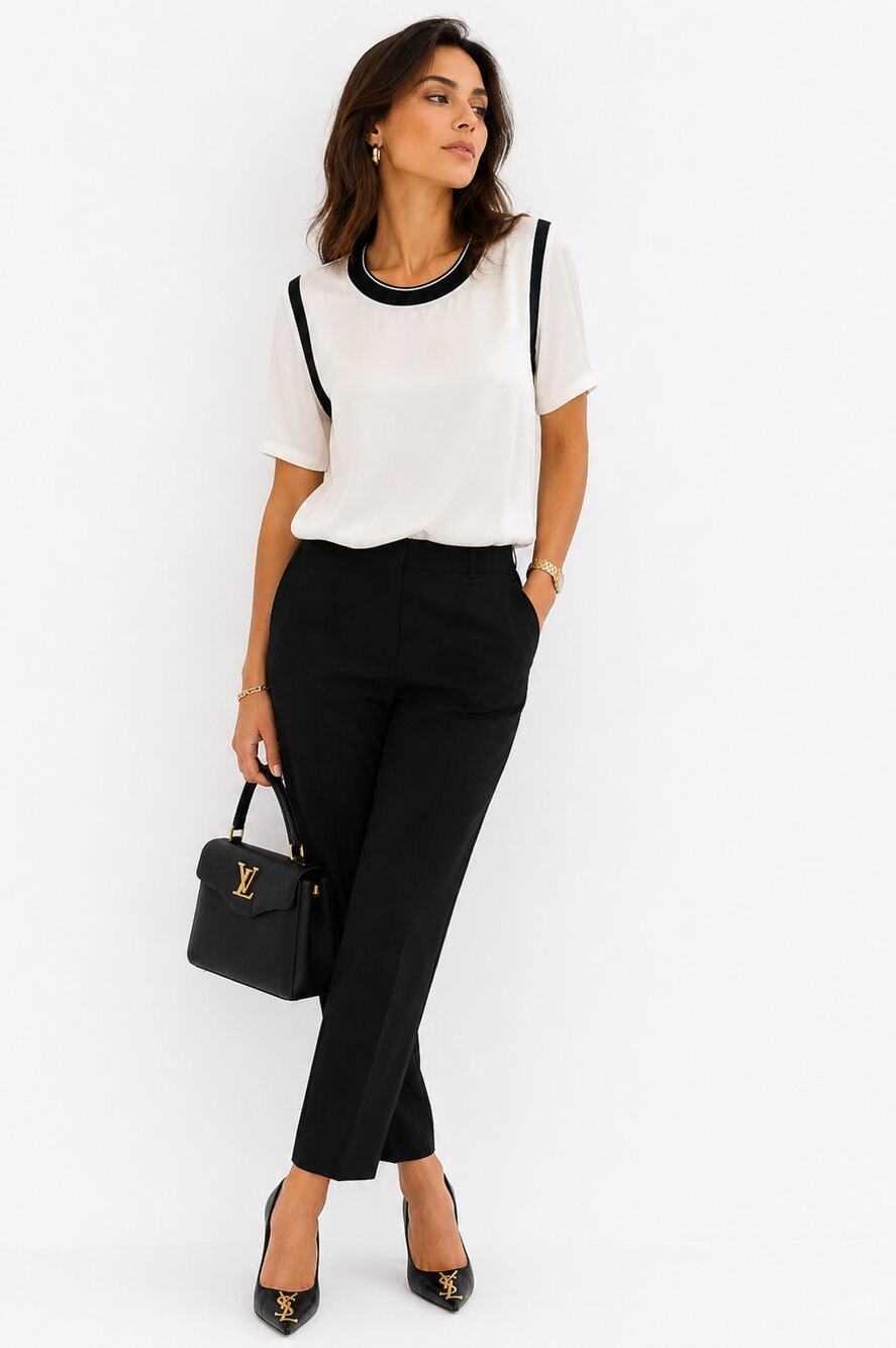 Banana Republic Ivory Black Trim Short Sleeve Blouse Office Top Womens Small